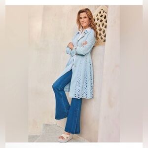 SOFT SURROUNDINGS Blue Chambray Denim Lace Trench Coat SIZE XS READ DESCRIPTION